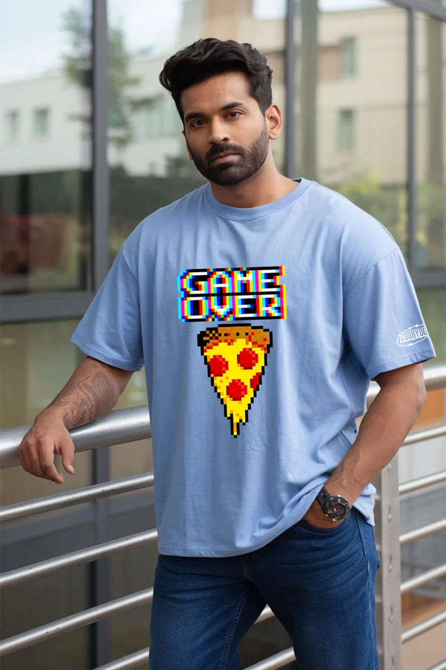 PIZZA X GAME OVER MEN POWDER BLUE FIT-OVERSIZE TEES