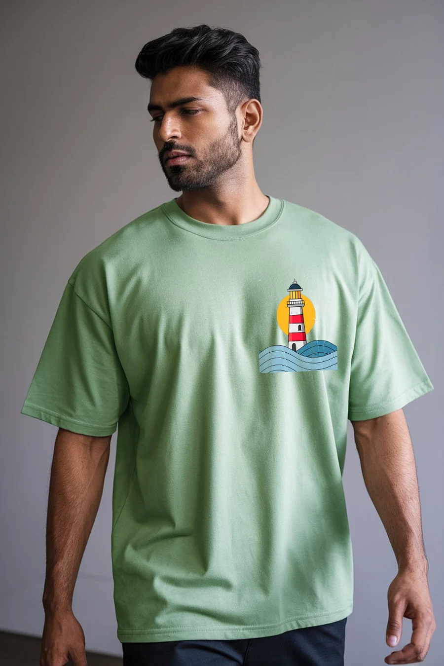 LIGH HOUSE X DESERT MEN GREEN FIT-OVERSIZE TEES thumbnail 2