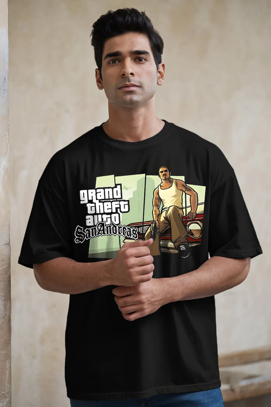 GTA SANANDREAS MEN BLACK FIT OVERSIZE T-SHIRT thumbnail 1