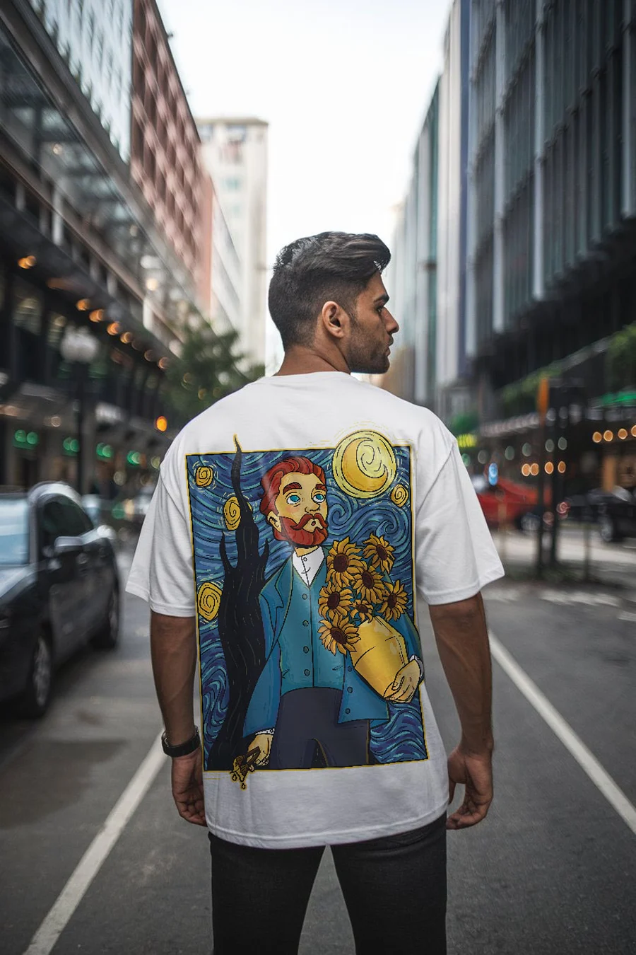 THE STARRY NIGHT GRAPHIC MEN WHITE FIT-OVERSIZE TEES thumbnail 1