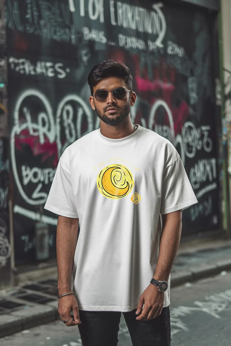 THE STARRY NIGHT GRAPHIC MEN WHITE FIT-OVERSIZE TEES thumbnail 3
